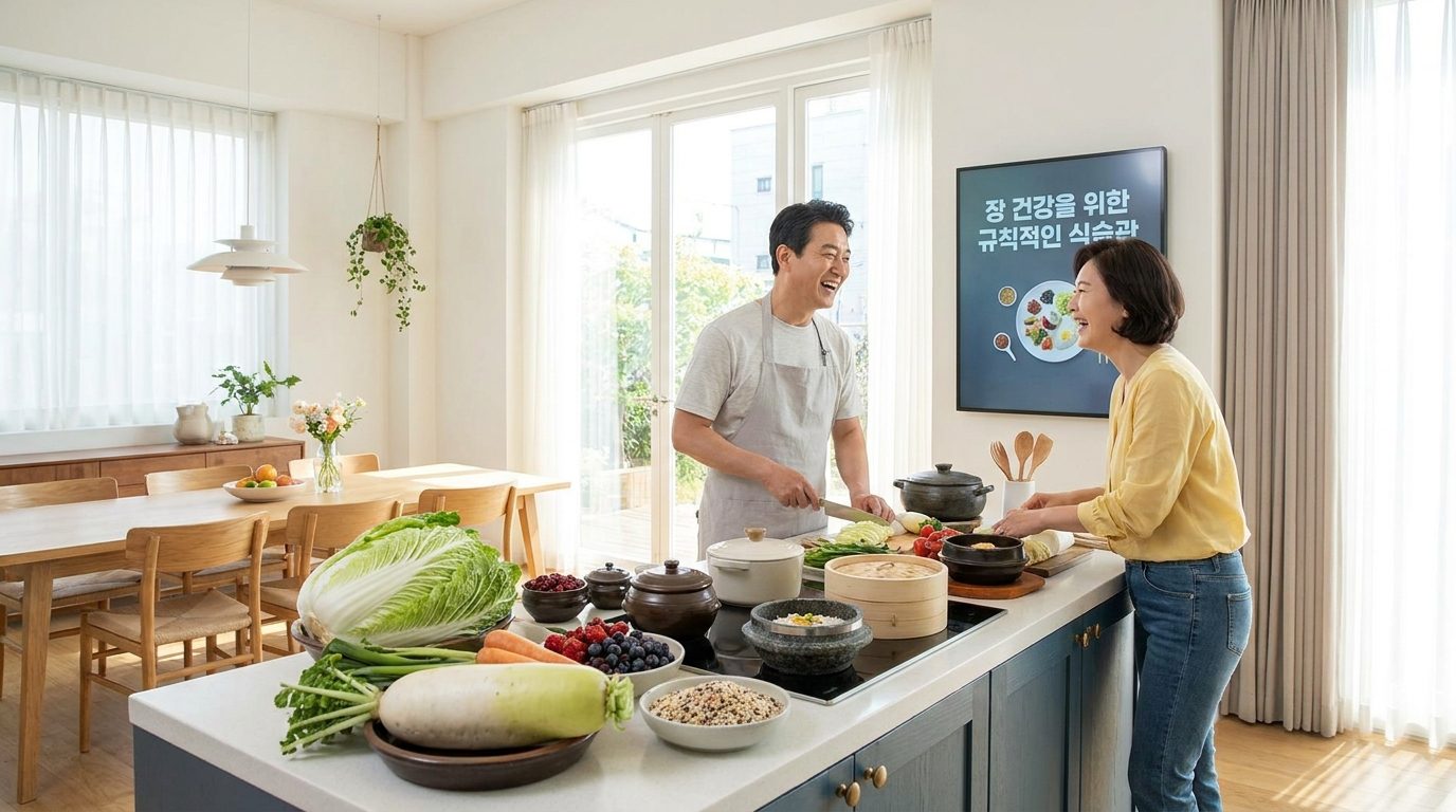 현대 한국 가정 부엌에서 건강한 식습관을 실천하는 중년 부부의 모습