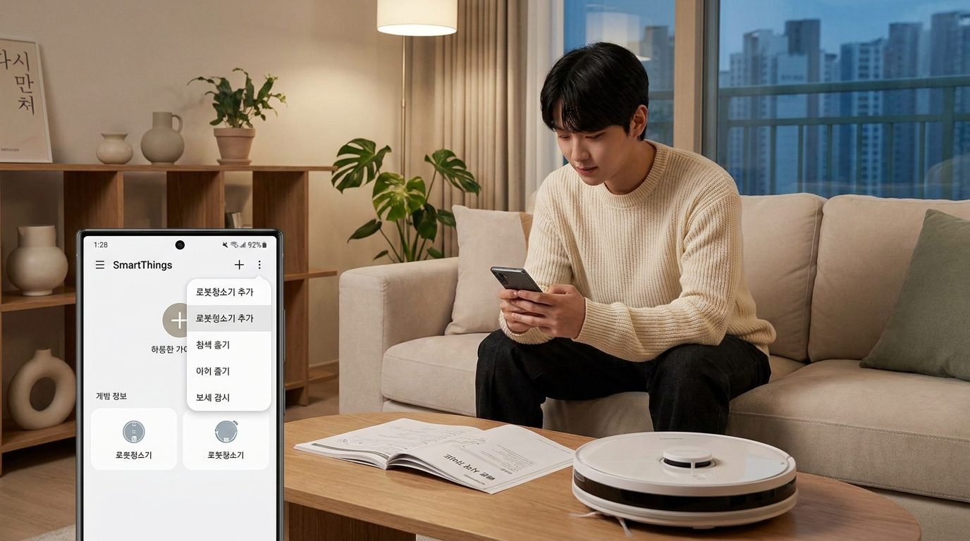 삼성 스마트싱스 앱에서 로봇청소기를 추가하는 젊은 사용자의 모습