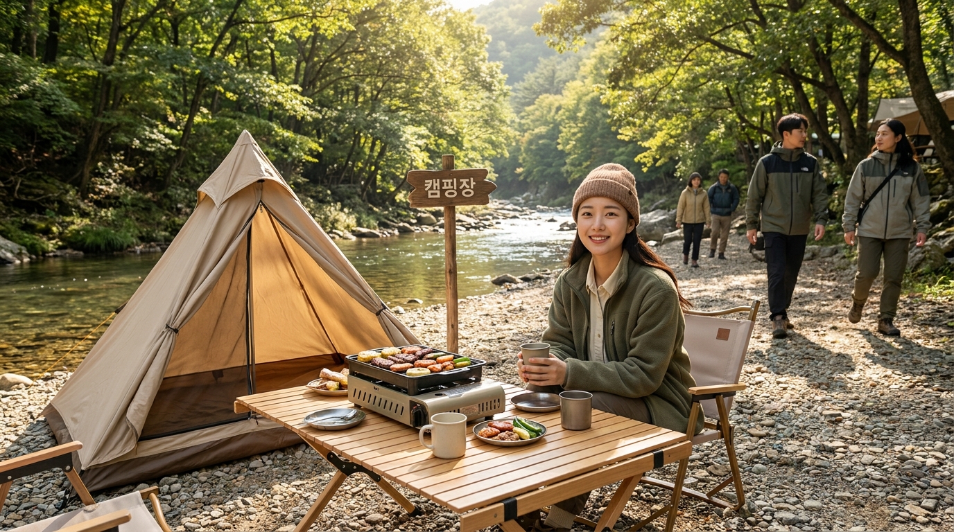 강가 캠핑장에서 따뜻한 햇살 아래 자연스럽게 여유롭게 식사하는 한국인 여성의 모습