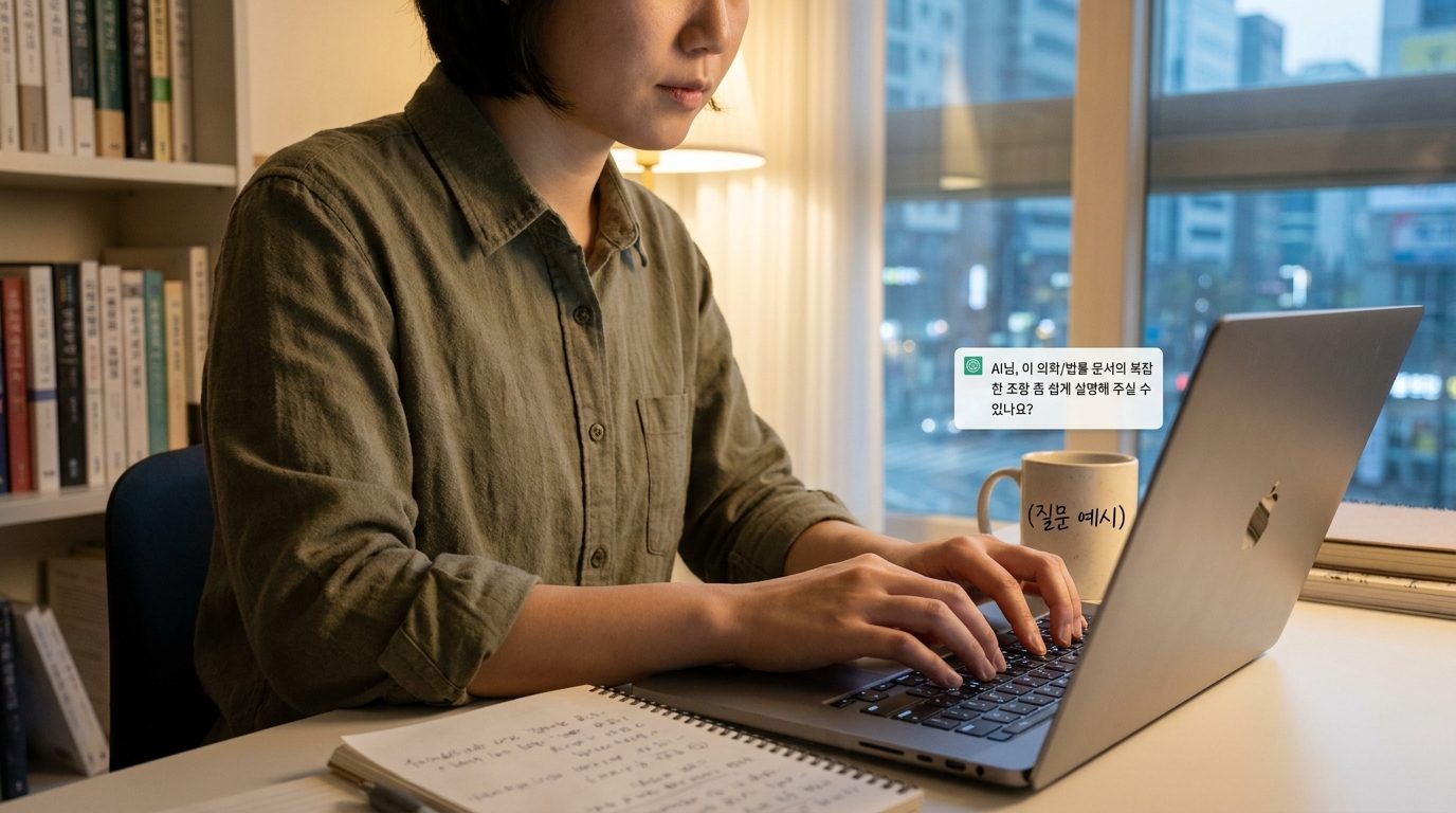 한국인이 노트북에 AI 질문 예시를 입력하는 모습 클로즈업