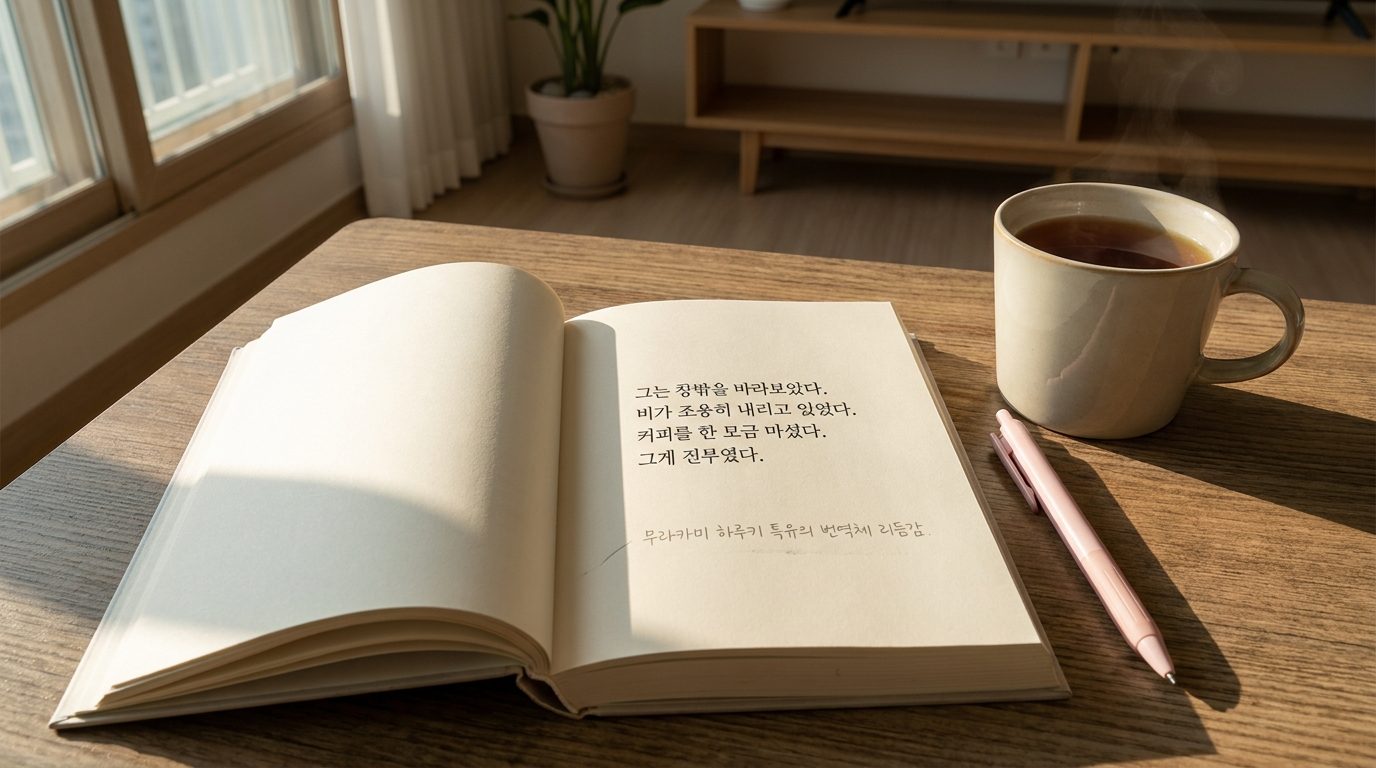 따뜻한 자연광 아래 책상 위에 펼쳐진 무라카미 하루키 특유의 간결한 문장 구조가 드러난 한국어 책 페이지