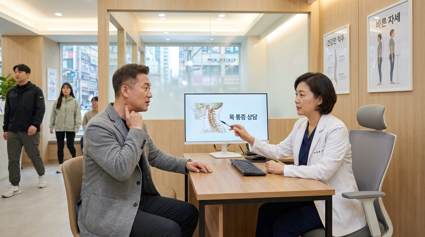 물리치료 상담실에서 목 통증 상담을 받는 중년 한국 남성의 모습