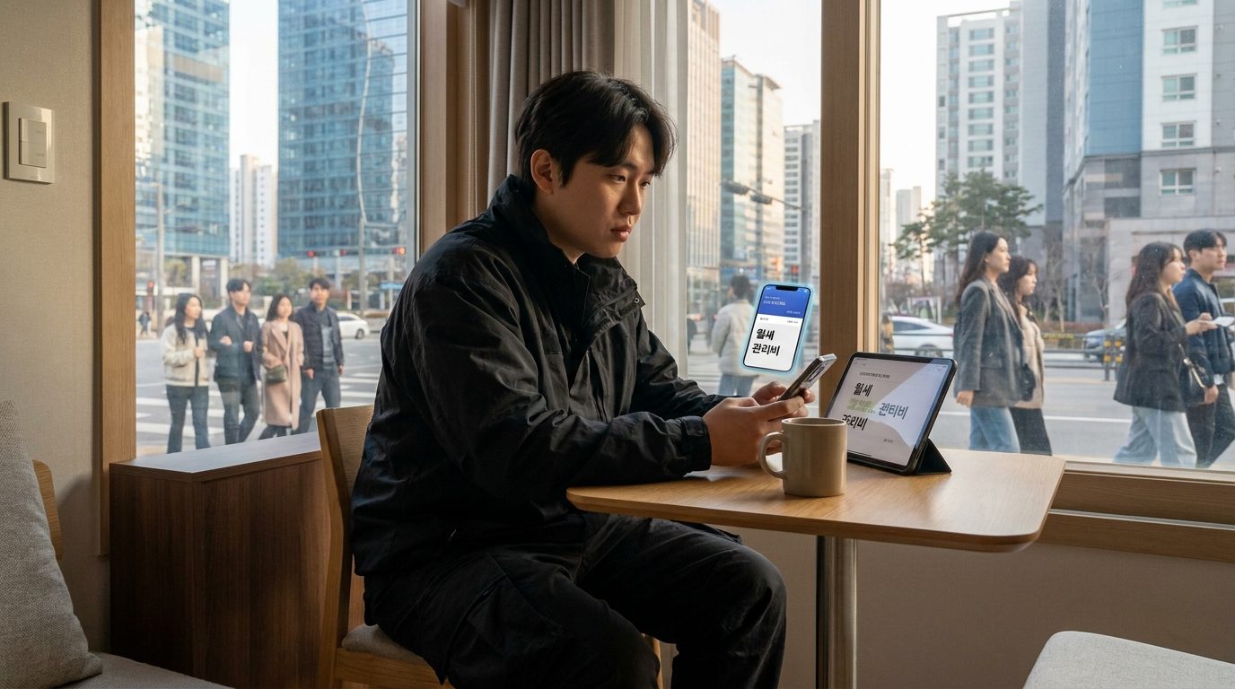 1인가구 지원금: 월세와 관리비 내고 남은 통장 잔고를 걱정하는 1인 가구 청년의 모습