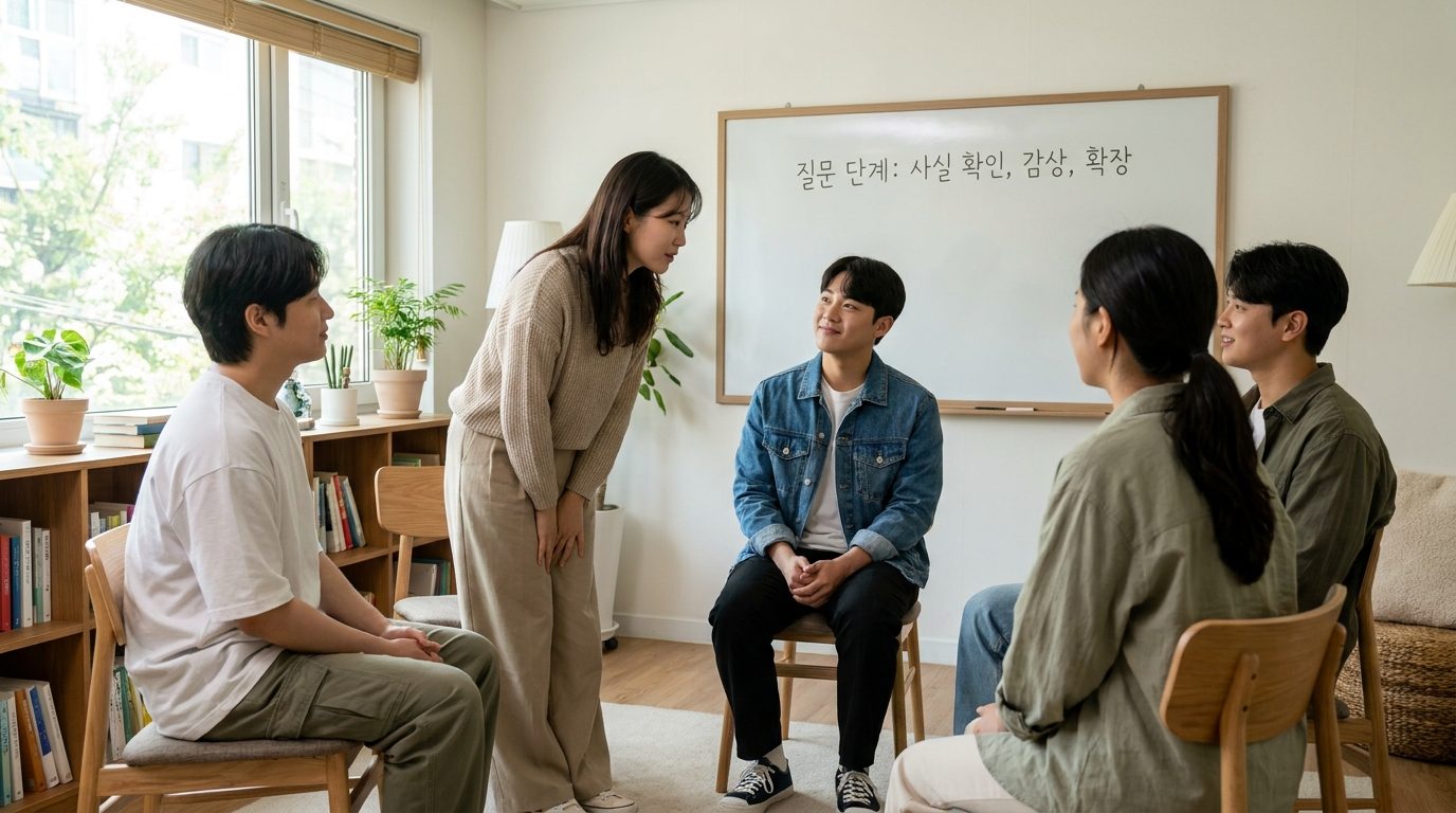 독서 모임에서 질문의 3단계를 화이트보드에 적고 참석자들이 편안하게 대화하는 모습