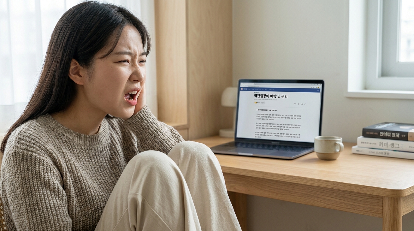 턱을 크게 벌리며 불편함을 느끼는 한국 젊은 여성의 클로즈업 이미지
