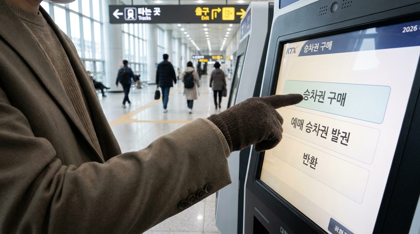 무인 발권기 초기 화면에서 메뉴를 선택하는 한국인 승객의 손과 화면