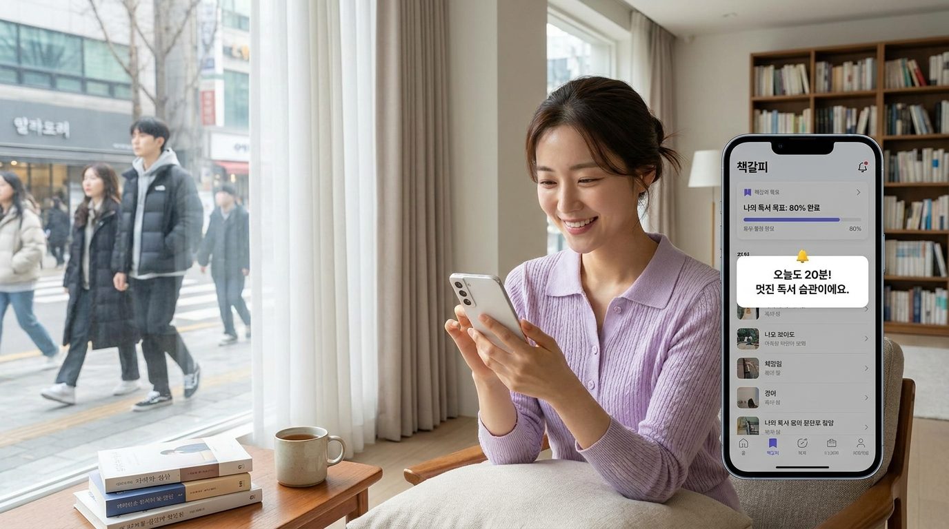루틴 앱 비교: 편안한 방에서 스마트폰으로 독서 습관 앱을 사용하며 웃고 있는 한국 여성의 실사 이미지