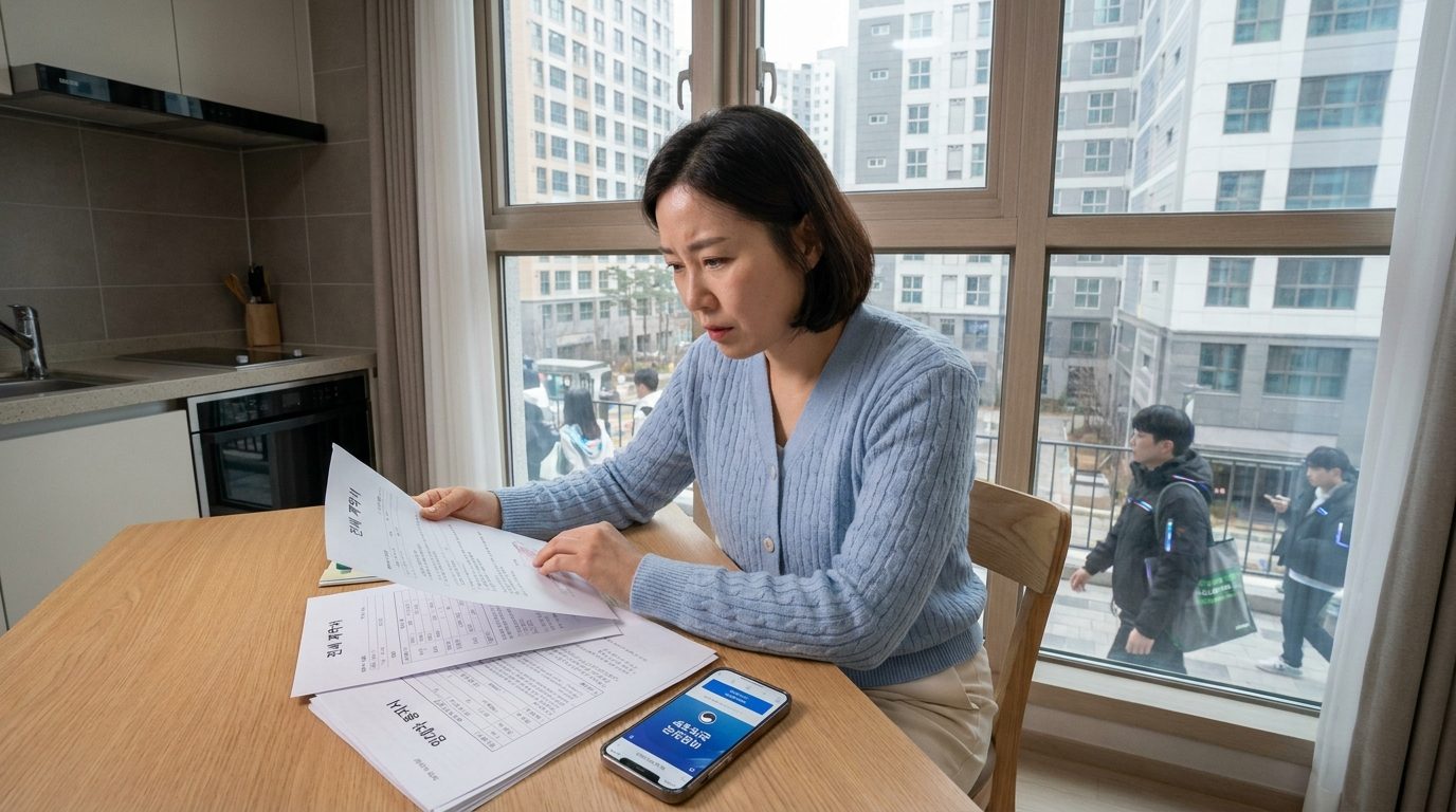 전세사기로 걱정하는 한국 여성 임차인이 주방 테이블에 앉아 임대차 계약서와 공고문을 보며 고민하는 모습