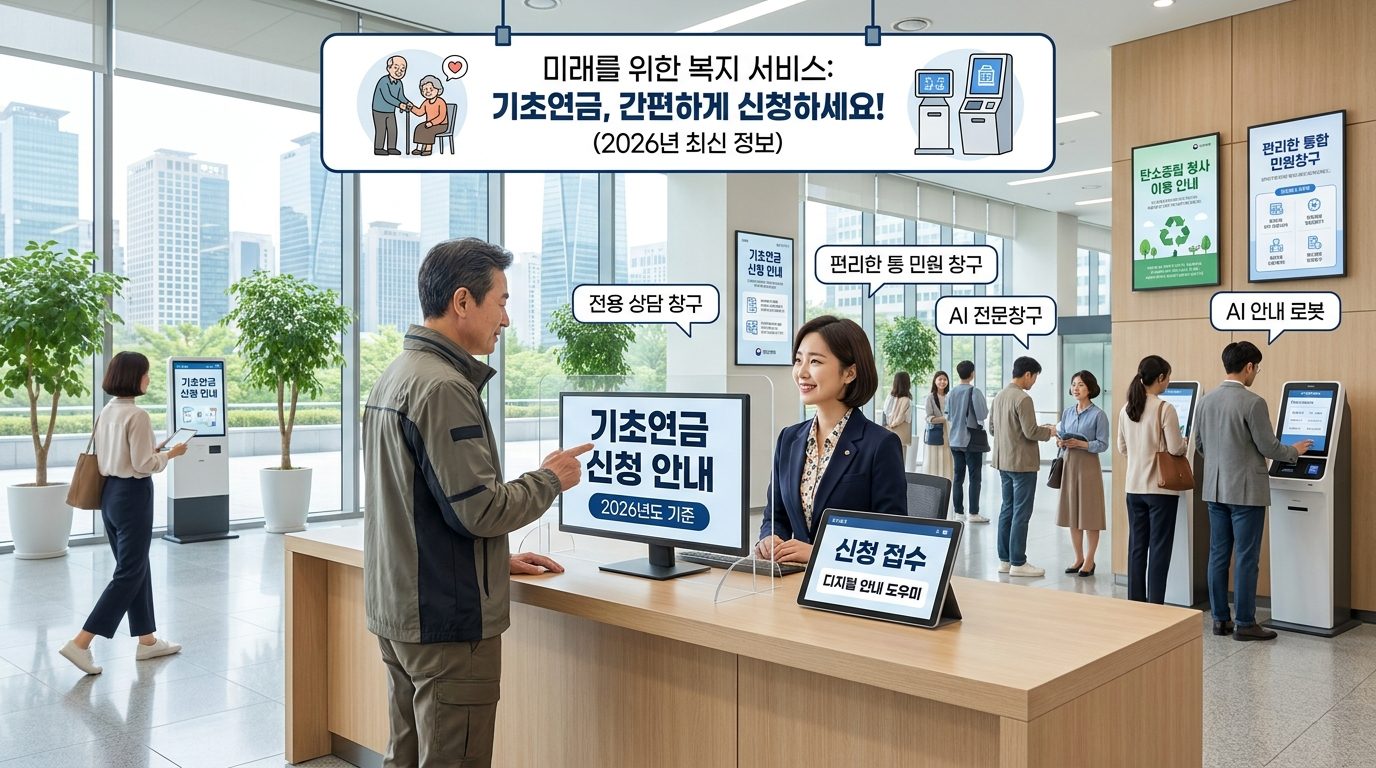 정부 창구에서 기초연금 신청에 대해 상담하는 중년 남성의 모습