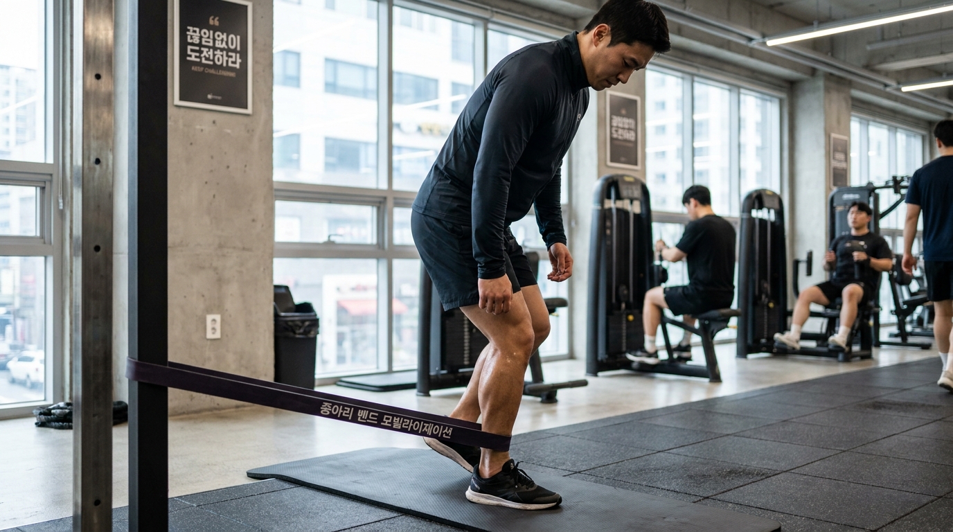 현대 한국 체육관에서 종아리 밴드 모빌라이제이션 운동을 하는 한국인 남성 운동선수