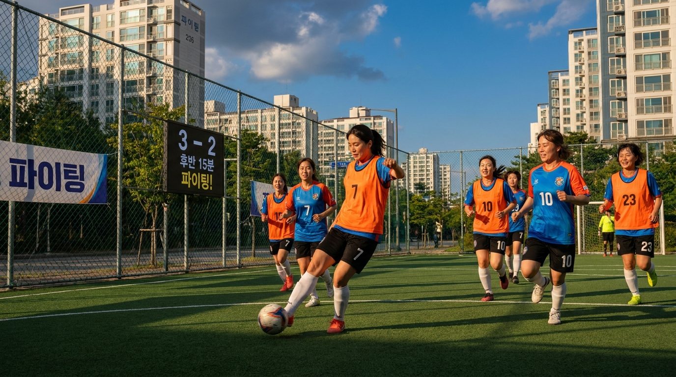 풋살 경기를 하며 힘차게 공을 차고 응원하는 한국 여성 주부들의 모습