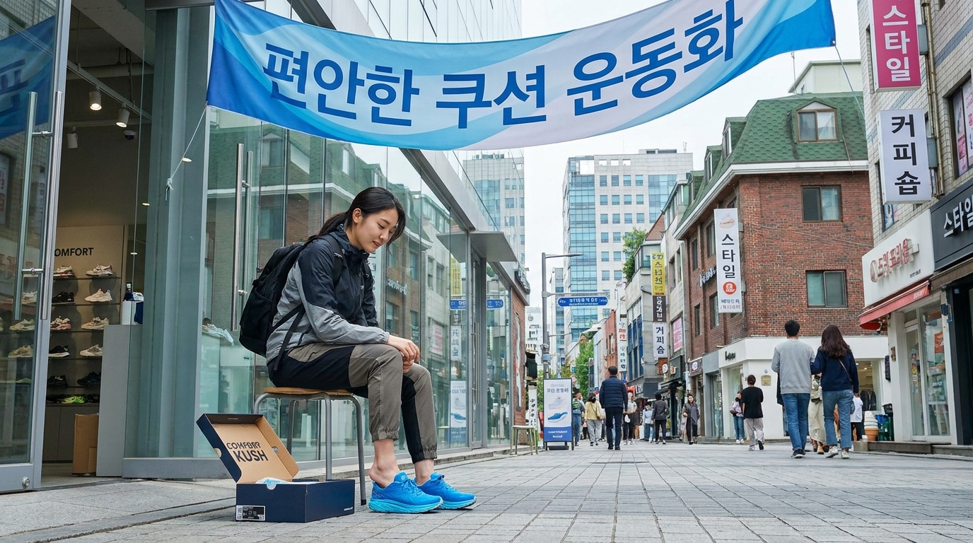 현대 한국 도시의 운동화 가게에서 편안한 쿠션 운동화를 신어보는 한국 여성