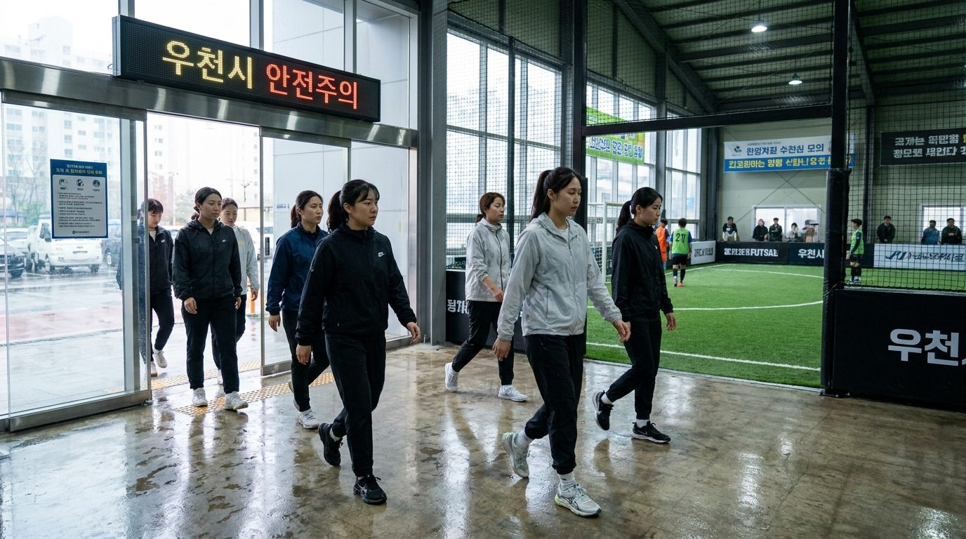 우천 풋살: 실내 풋살돔에서 워밍업하며 바닥의 미끄럼을 확인하는 여성 선수들 모습