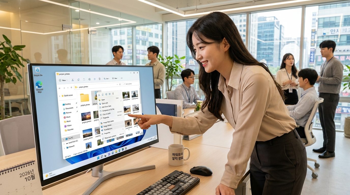 이미지 일괄 리사이즈: 윈도우 탐색기에서 파워토이 이미지 리사이즈와 파워리네임 메뉴가 보이는 현대적인 한국 사무실 환경의 컴퓨터 화면을 보는 젊은 직장인의 모습