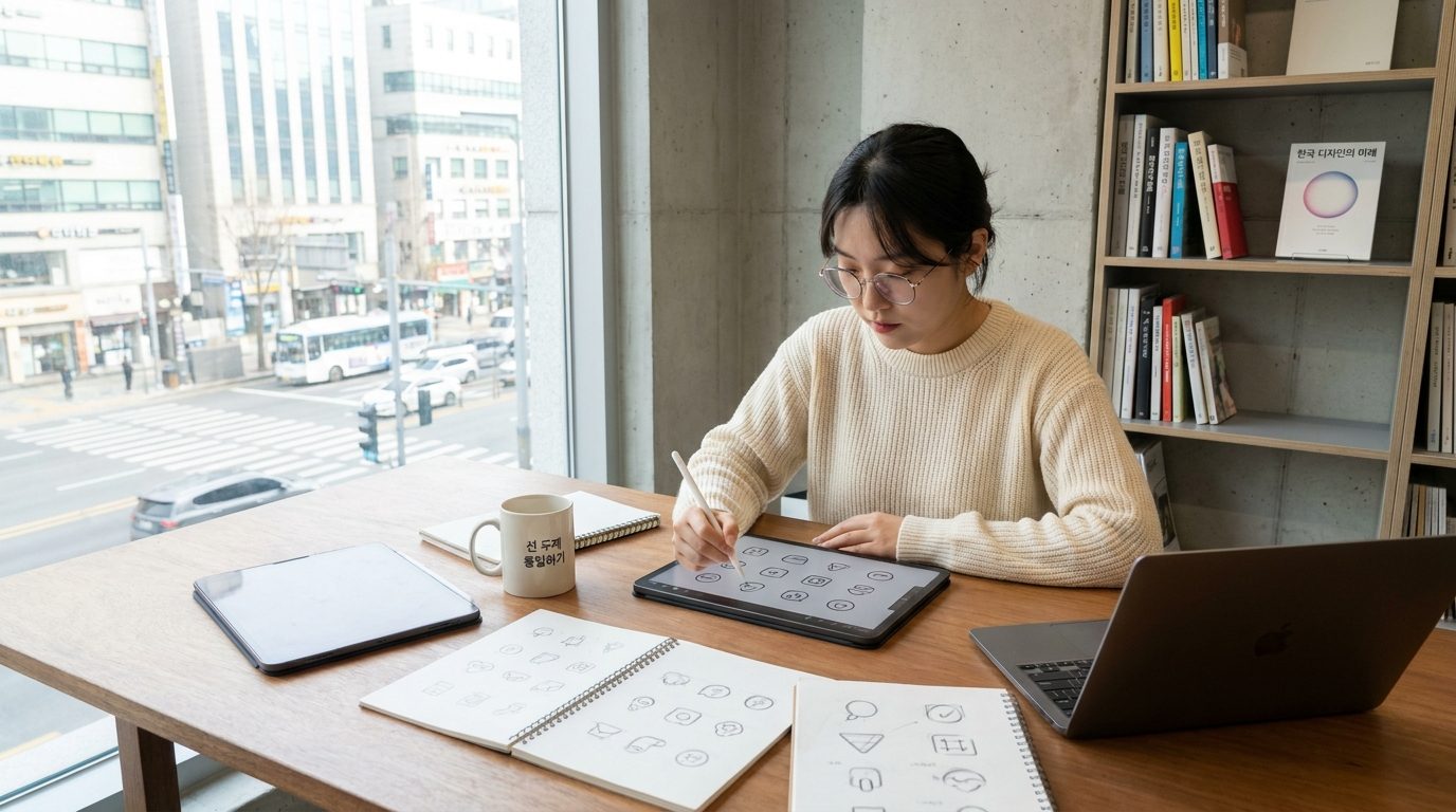 한국 디자이너가 일관된 선 두께의 픽토그램 스케치를 하는 모습