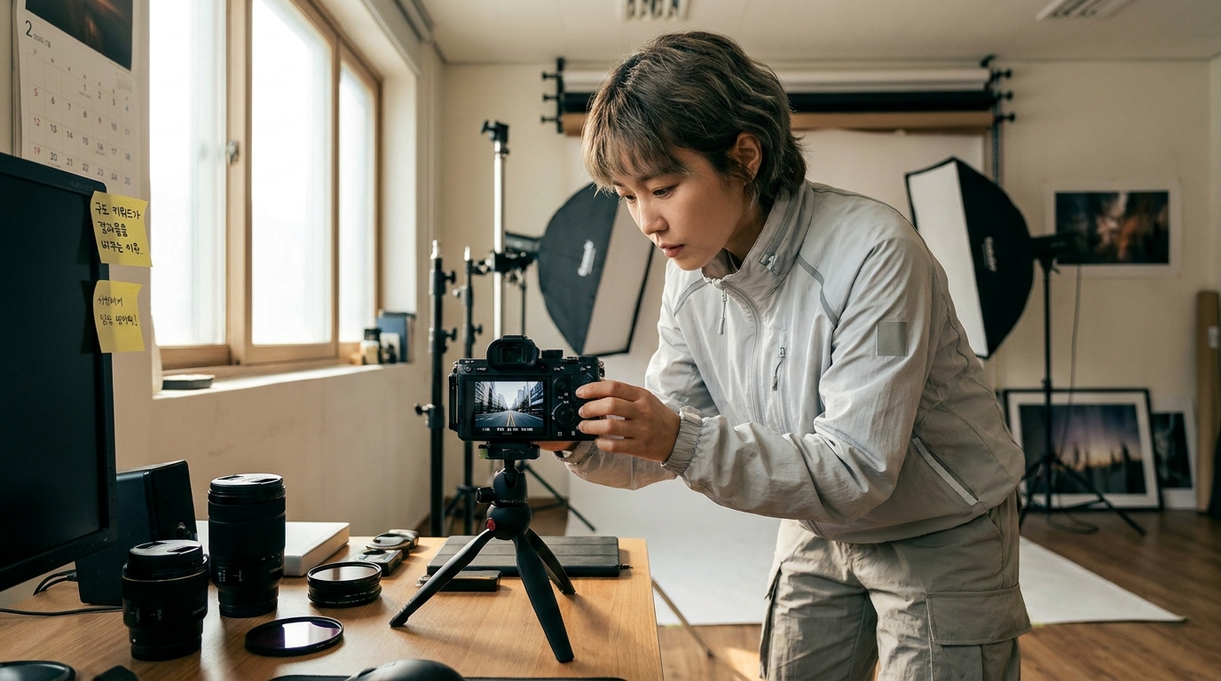 사진가의 작업 공간에서 로우 앵글 샷을 보여주는 디지털 카메라 화면과 현대적 2026년 패션을 입은 한국인이 집중하는 모습