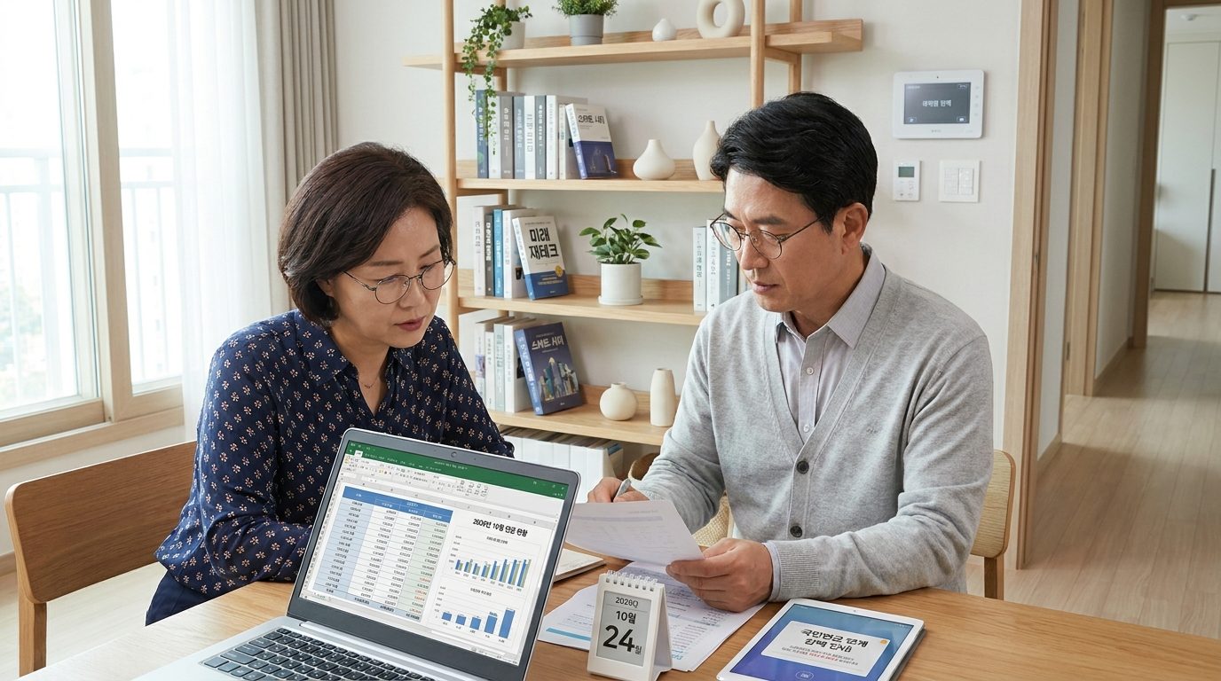 현대적인 가정에서 연금 감액 안내 문서를 검토하는 중년 부부 모습