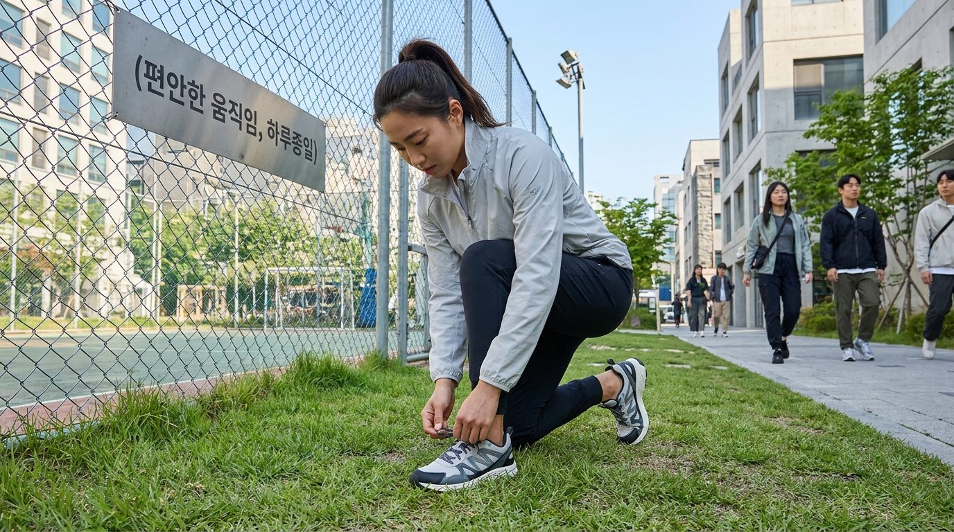 풋살장에서 운동화 끈을 묶는 활동적인 한국 여성의 클로즈업 사진