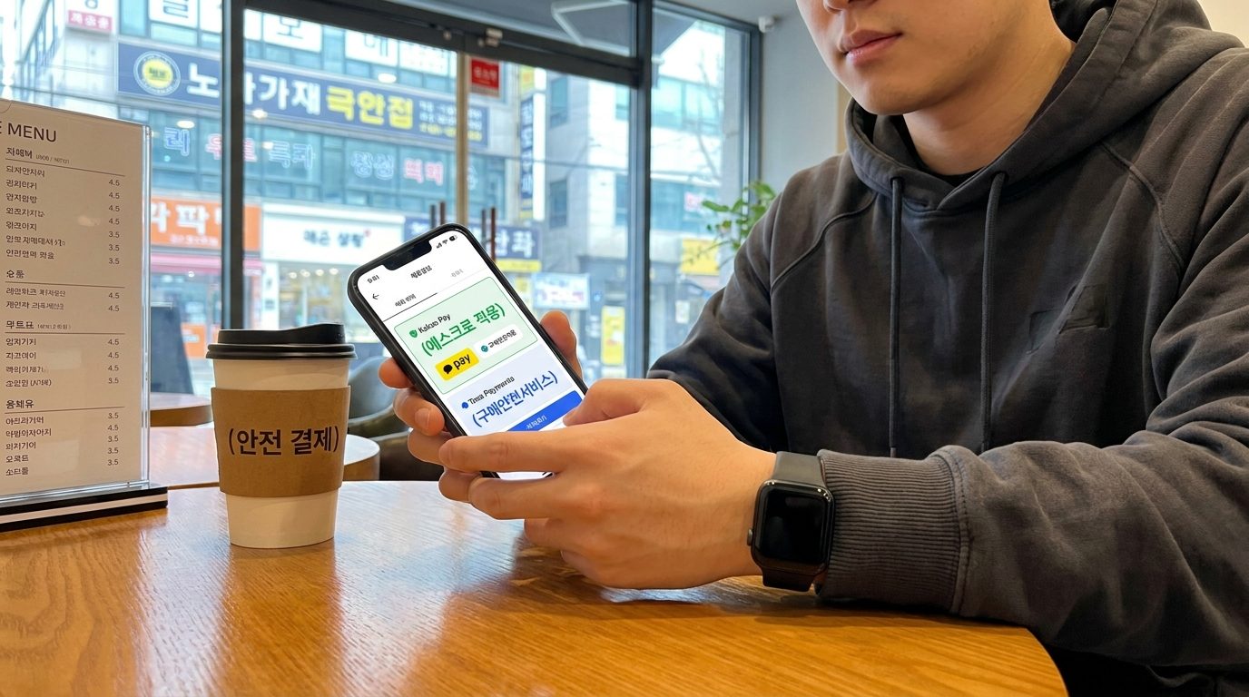 모바일 결제 화면에 에스크로 서비스 문구가 보이는 한국 도시 카페 모습