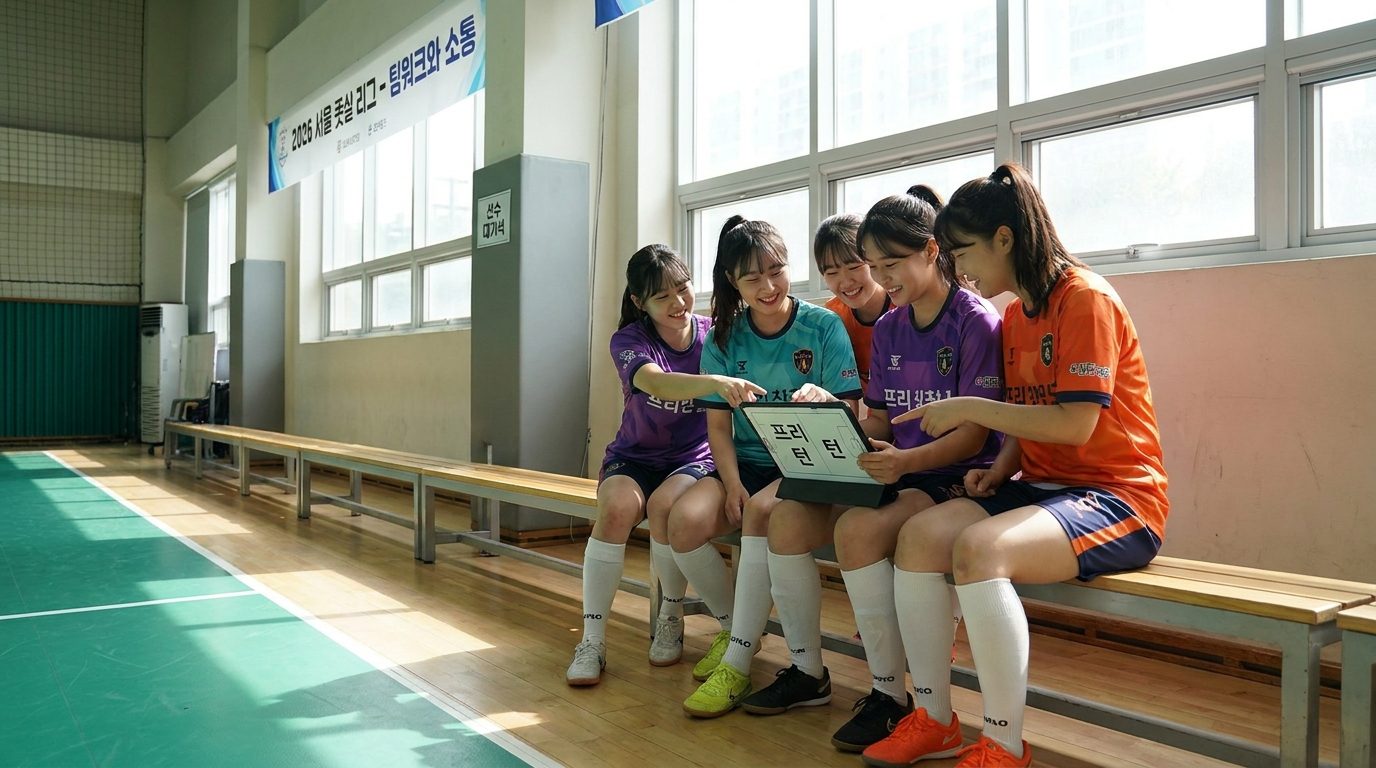 경기 중 사이드라인에서 휴식을 취하며 소통하는 한국 여성 풋살 선수들의 자연스러운 모습