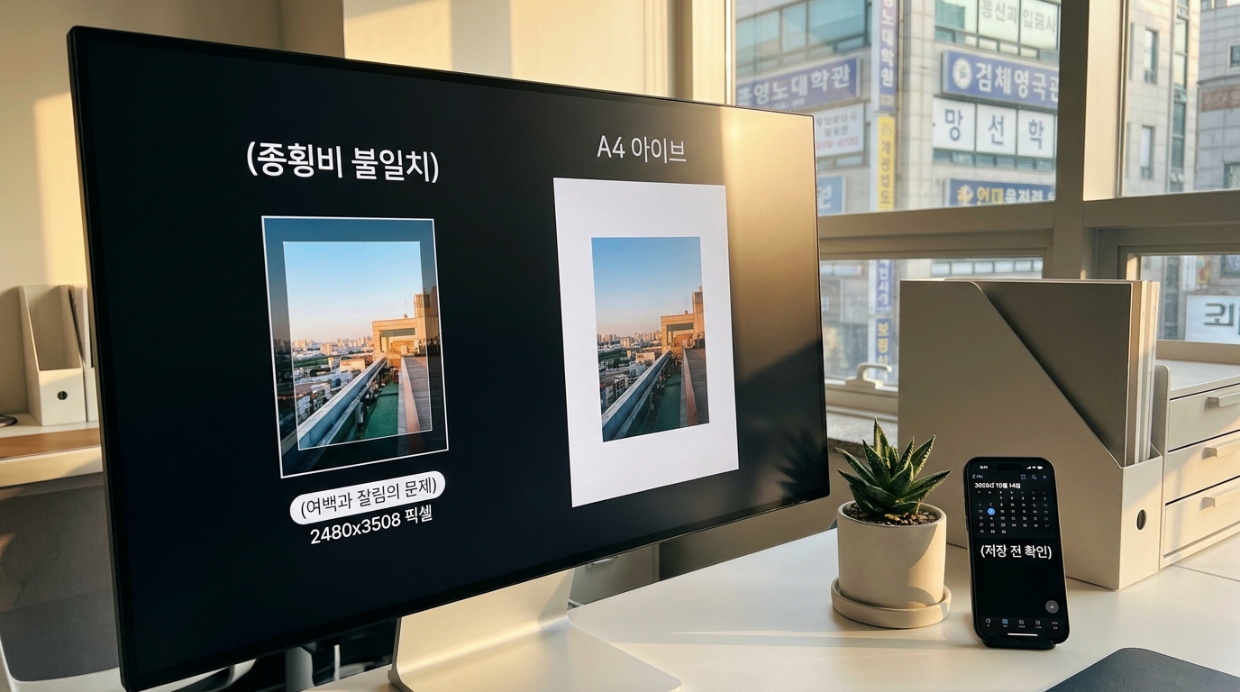 A4 비율 불일치와 해상도 문제를 한국 전통 없는 현대적 배경 속에 컴퓨터 화면에 나타낸 모습