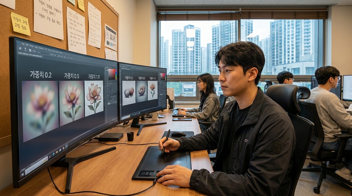 한국 디자이너가 다양한 LoRA 가중치 결과물을 비교하는 작업 공간