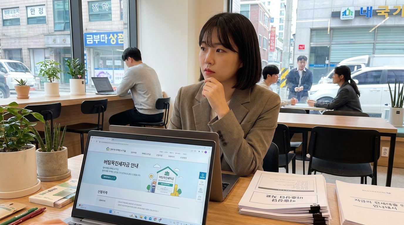 젊은 한국 직장인이 버팀목전세자금 대출 서류를 검토하는 모습
