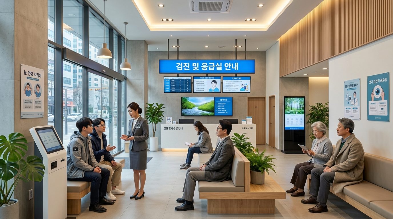 현대적인 한국 안과 병원 로비와 검진 및 응급실 안내 표지판이 있는 고화질 실사 이미지