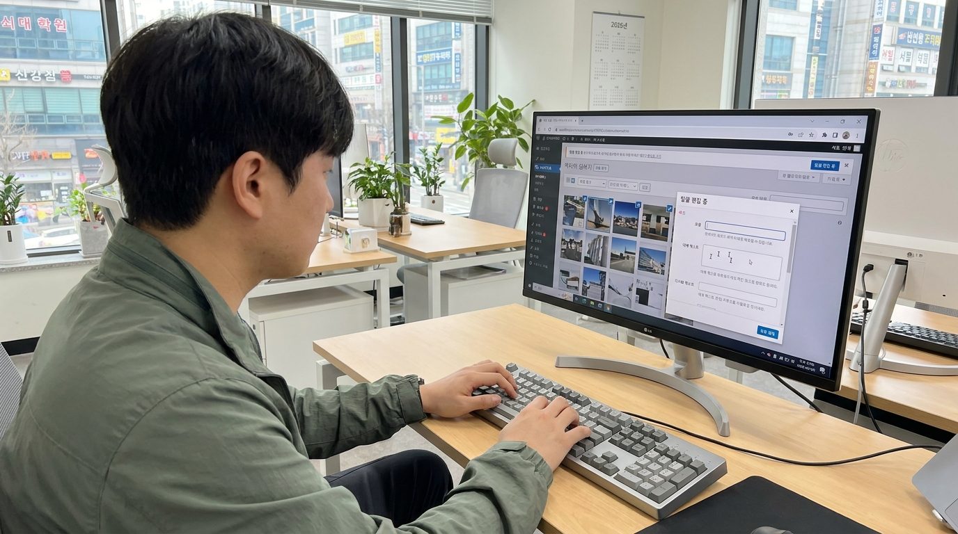 워드프레스 미디어 라이브러리에서 이미지 alt 텍스트를 일괄 편집하는 모습