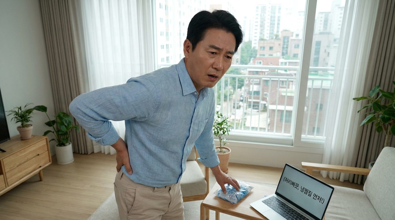 허리삐끗했을때 응급처치, 허리에 갑작스런 통증을 느끼고 당황하는 한국인 성인의 모습, 거실에서 냉찜질을 앞에 둔 실사 이미지