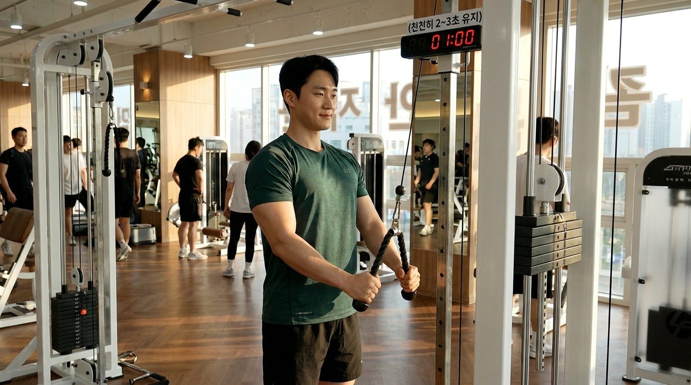 페이스풀 운동에서 천천히 자세를 되돌리며 가슴 근육의 늘어남을 느끼는 한국 남성의 고화질 실사 이미지