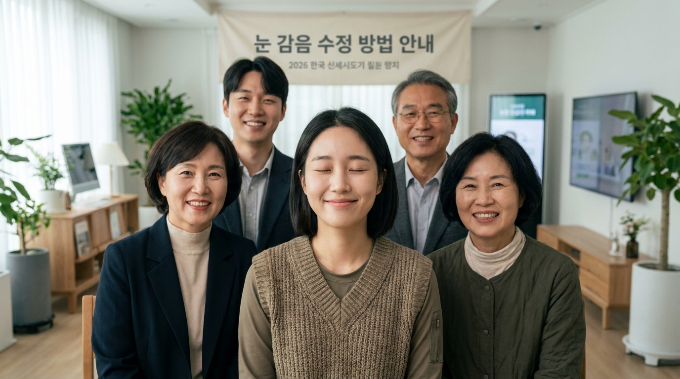 단체 사진에서 눈을 감은 사람의 얼굴 클로즈업과 주변 사람들 모습