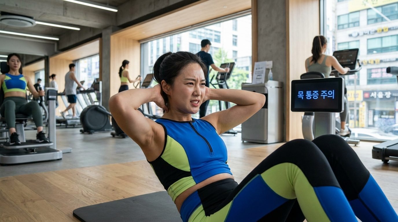 크런치 동작 중 목에 통증을 느끼는 현대적인 한국인 근접 이미지
