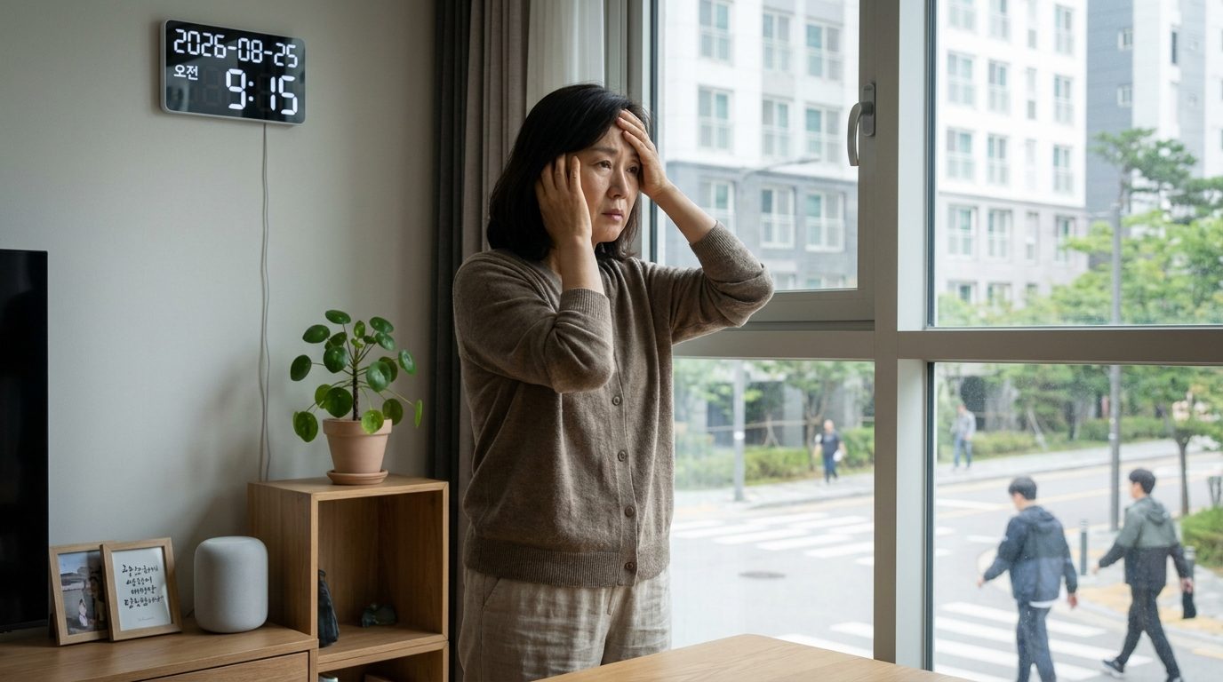 두피 열감 탈모, 두피가 뜨겁게 느껴져 걱정하는 한국인 중년 여성의 클로즈업 이미지, 현대적인 한국 가정 배경
