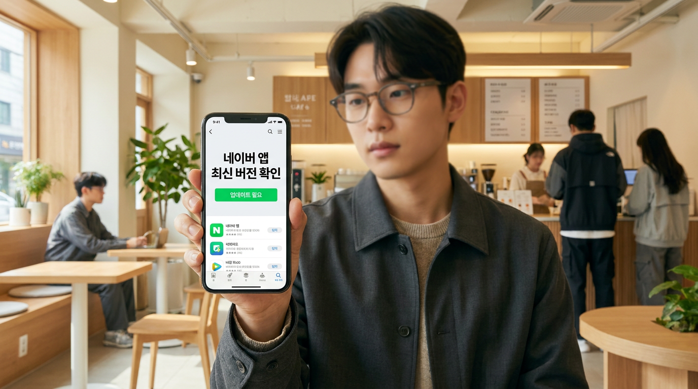 네이버 앱 최신 버전 업데이트를 확인하는 한국 남성의 스마트폰 화면 클로즈업 이미지