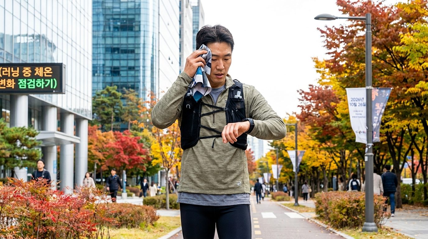가을 러닝 중 체온 변화를 점검하는 한국인 러너, 땀을 닦고 있는 모습 자세히 표현