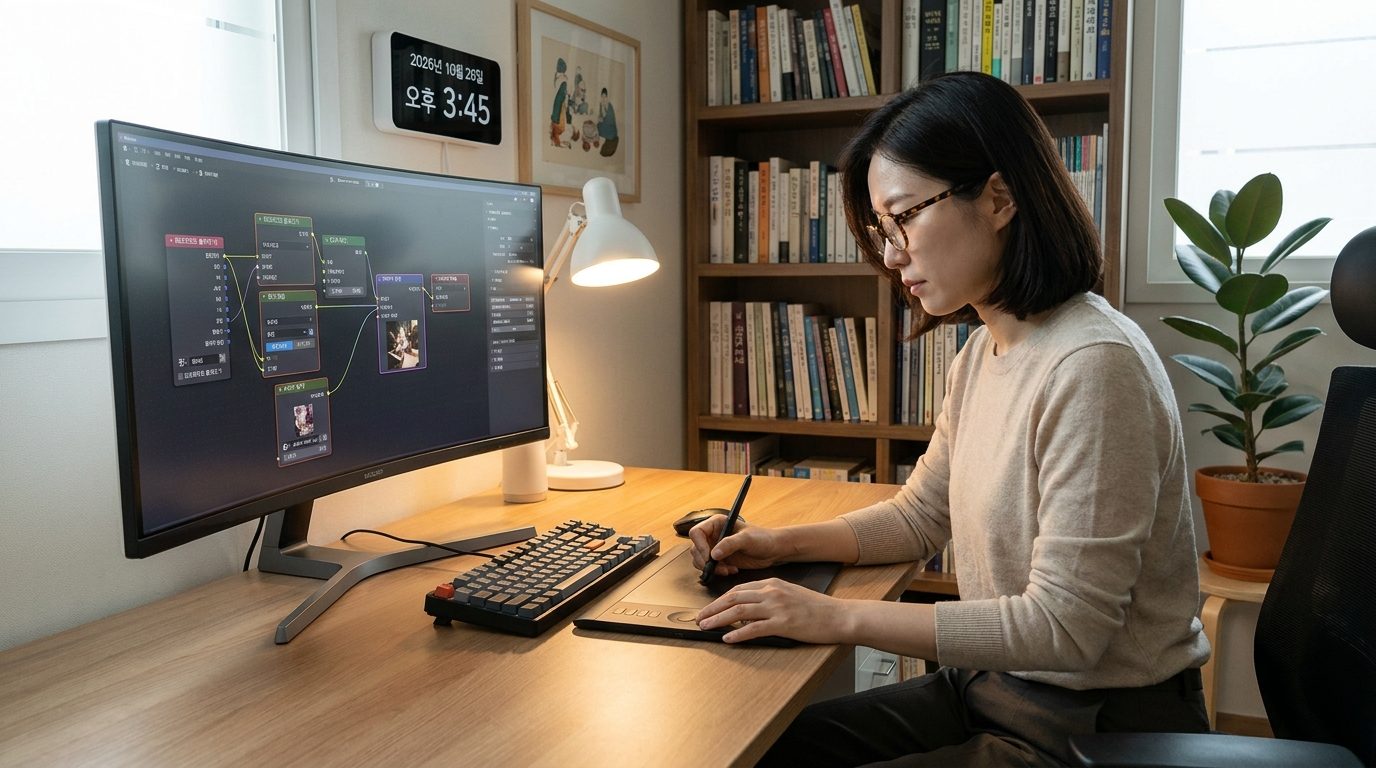 세련된 사무실에서 노드 기반 이미지 생성 소프트웨어를 조작하는 30대 한국인 여성의 모습