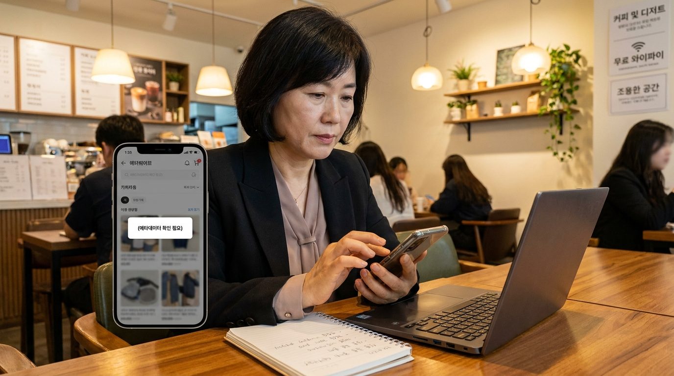 중고거래 앱에 사진 업로드 전 메타데이터를 확인하는 중년 한국 여성의 모습, 카페 내부