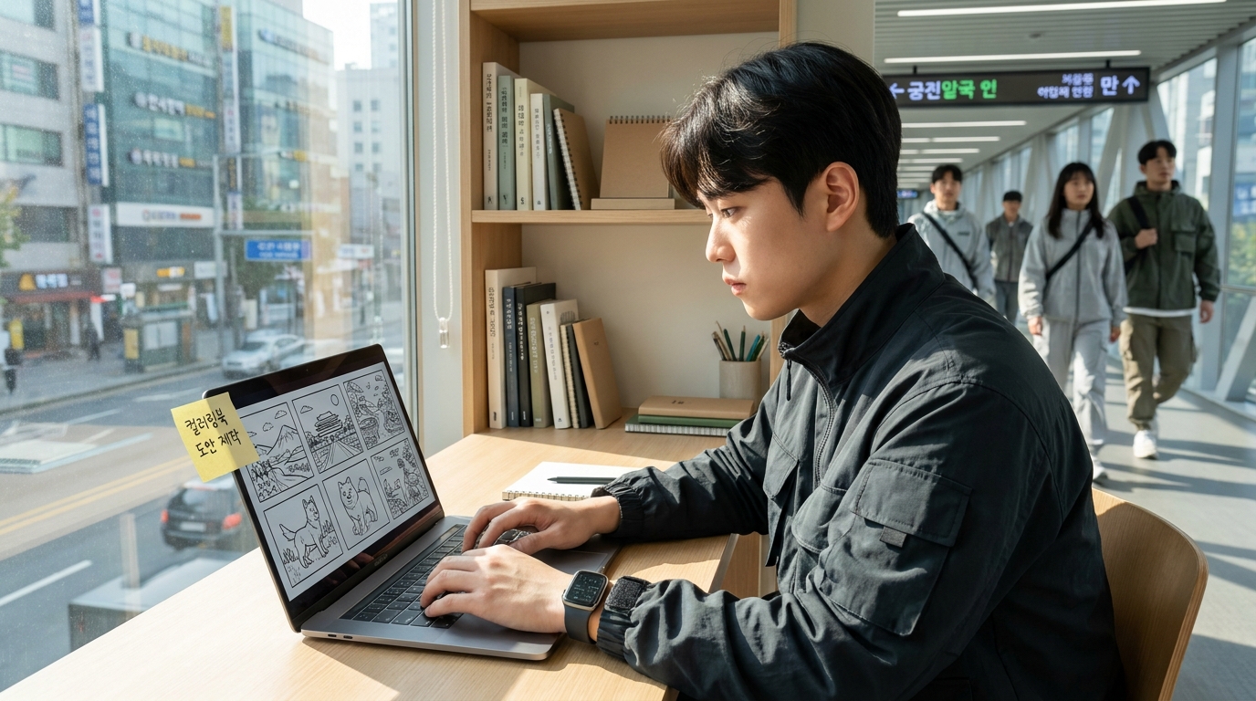 2026년 대한민국의 현대적인 작업 공간에서 라인아트 컬러링북 도안을 만드는 한국인 크리에이터의 모습