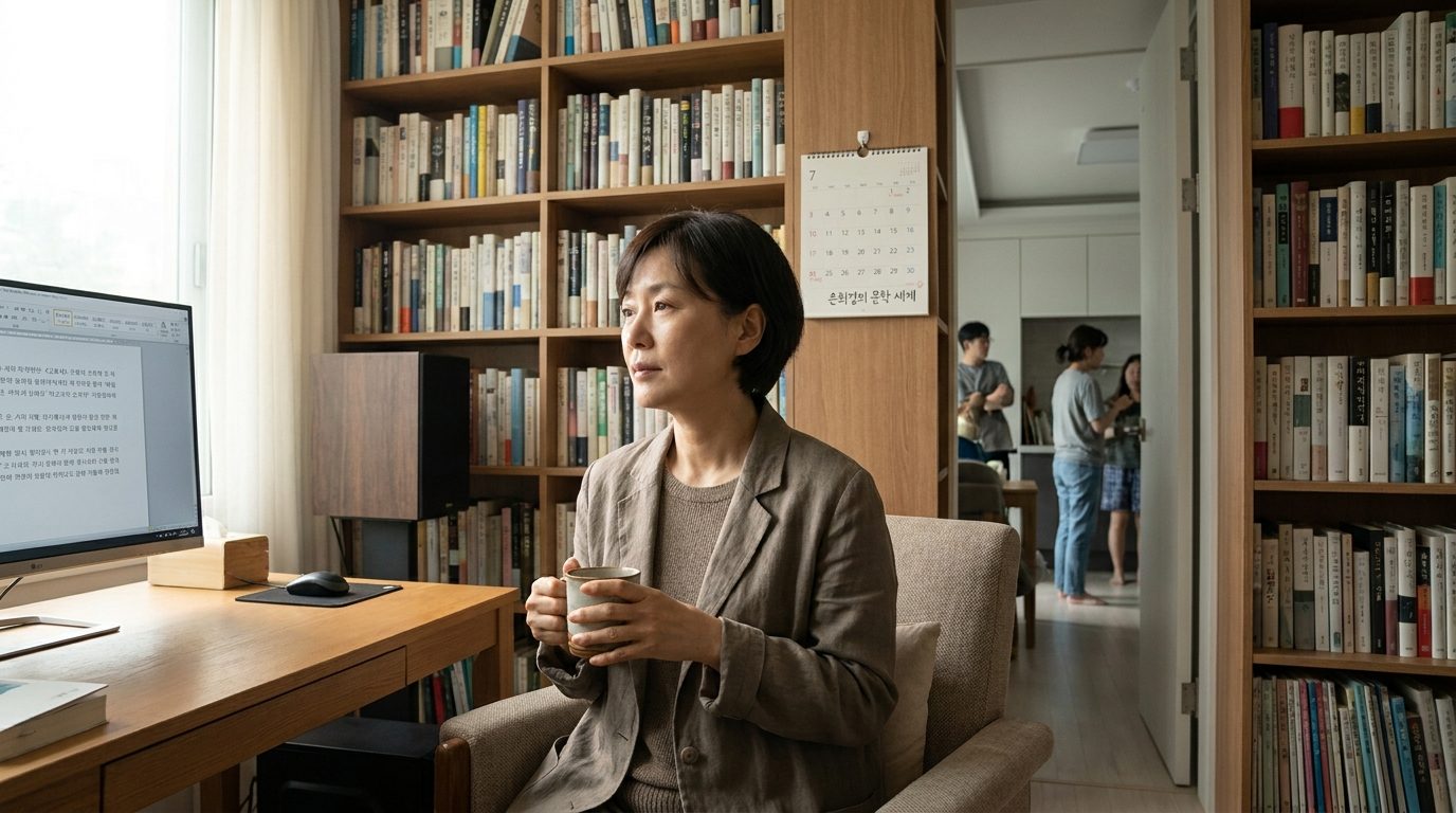 은희경 작가: 은희경의 문학 세계를 상징하는 편안한 한국 여성의 모습과 따뜻한 공부방 풍경
