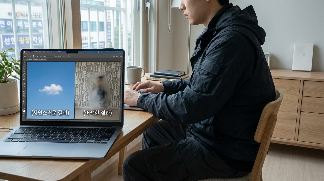 AI 지우개 사용 후 배경에 따라 자연스러운 결과와 어색한 결과가 나뉘는 사례를 보여주는 노트북 화면