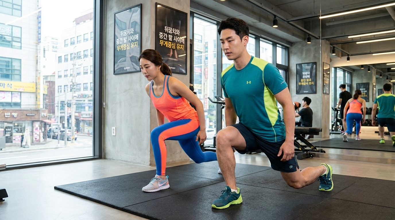 런지 자세에서 발 뒤꿈치와 중간 발에 무게 중심을 두는 한국 남녀 운동 선수들