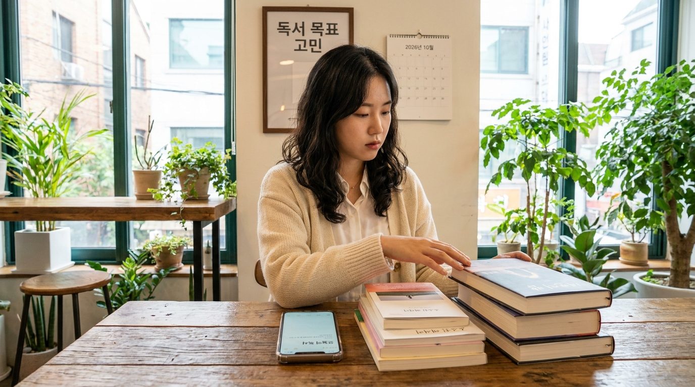 모던한 카페에서 책을 고르며 독서 목표 고민하는 젊은 한국 여성의 모습