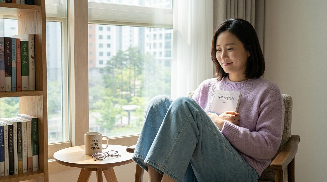 책을 덮고 나서 만족스러운 표정으로 생각에 잠긴 한국 여성의 독서 후 풍경