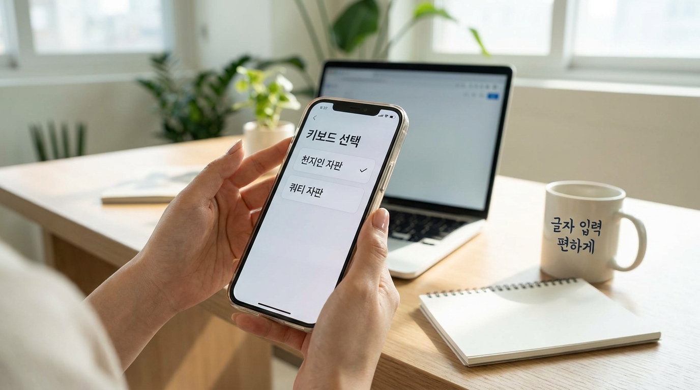 천지인 자판과 쿼티 자판 선택 메뉴가 보이는 스마트폰 화면 클로즈업