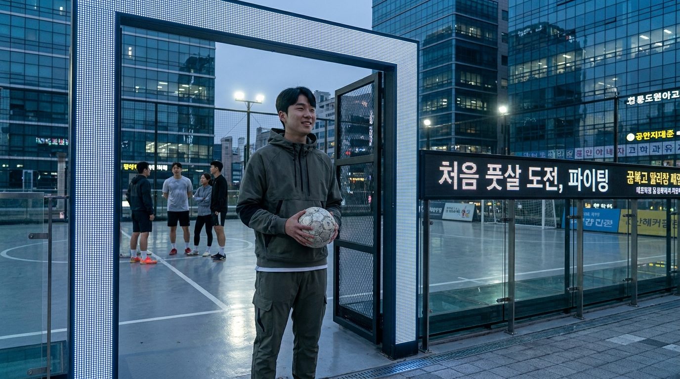 풋살 처음: 풋살장 입구에서 긴장된 표정을 짓고 공을 들고 있는 한국 청년의 모습, 주변에 도시 풍경과 한글 간판이 보이는 모습