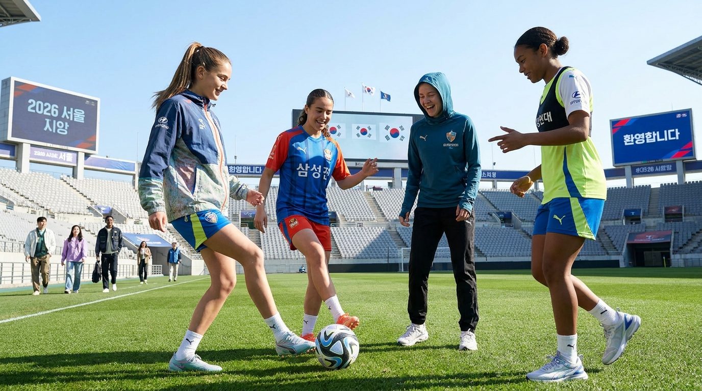 세계 여자축구 유망주: 유럽 여자 축구 유망주 10대 선수들이 2026년 한국에서 최신 축구복을 입고 훈련하는 장면