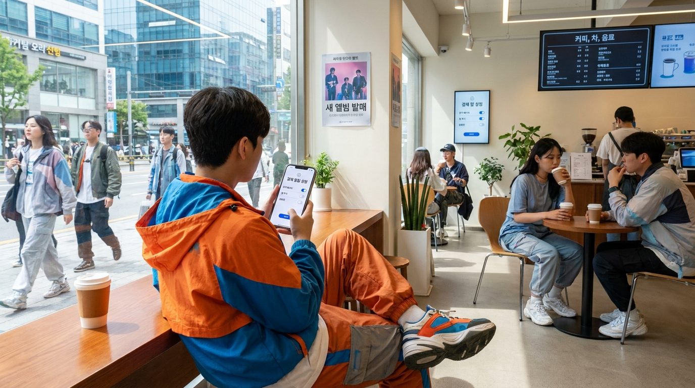 현대적인 한국 카페에서 결제 알림 설정을 조정하는 모습