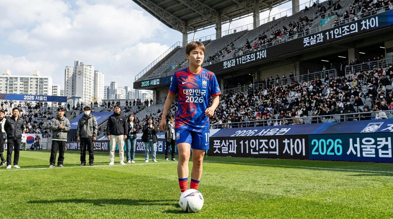 풋살 축구 병행: 11인조 잔디구장에 서서 자신감 있는 여성 축구선수
