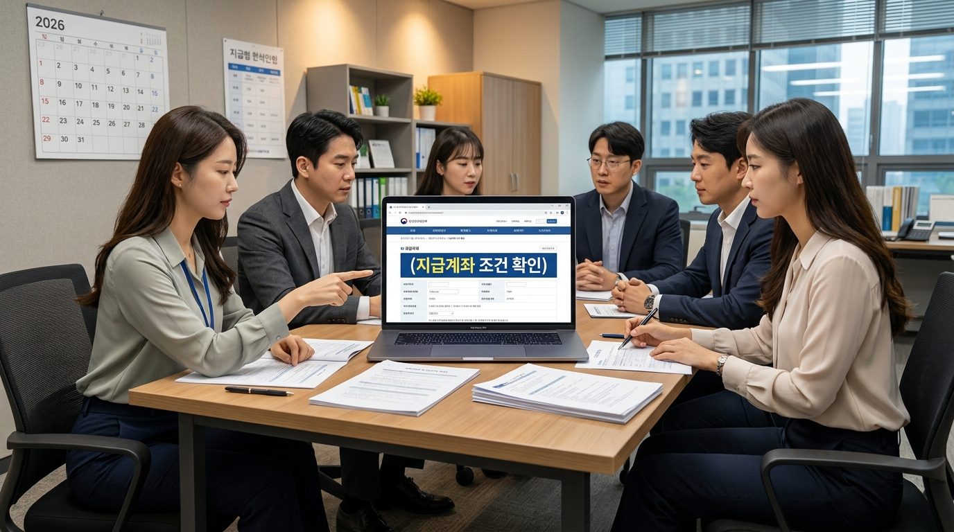 현대적인 2026년 대한민국의 사업 지원금 신청을 위해 회의하는 모습, 노트북 화면에 지급계좌 조건 확인 문구가 보임